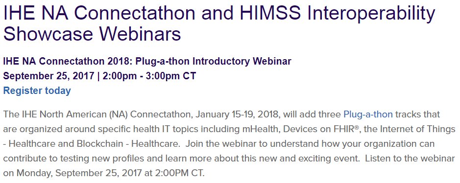 IHE_USA's tweet photo. Have plans Monday afternoon? Join us to learn about the 4 Plug-a-thon Tracks at the #IHE NA #Connectathon 2018. https://t.co/iQzNsAgR0t https://t.co/NnYs7cpHPz
