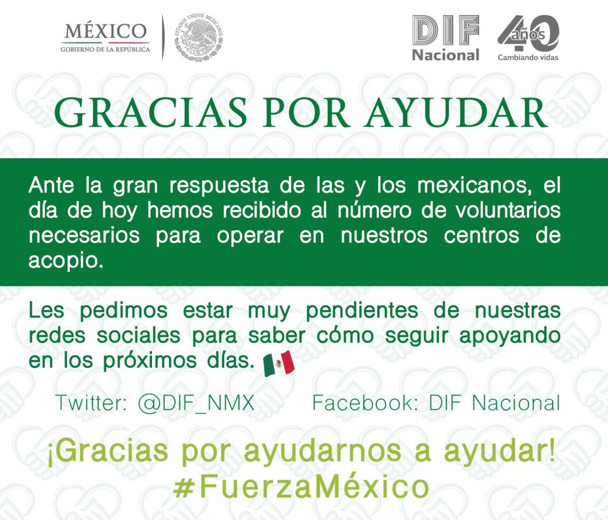 DIF_NMX's tweet photo. #DIFInforma Gracias a su invaluable apoyo hoy contamos con voluntarios suficientes en nuestros #CentrosDeAcopio.
#TodosSomosUno 🇲🇽❤️🤝 https://t.co/XJMAsIGTjx