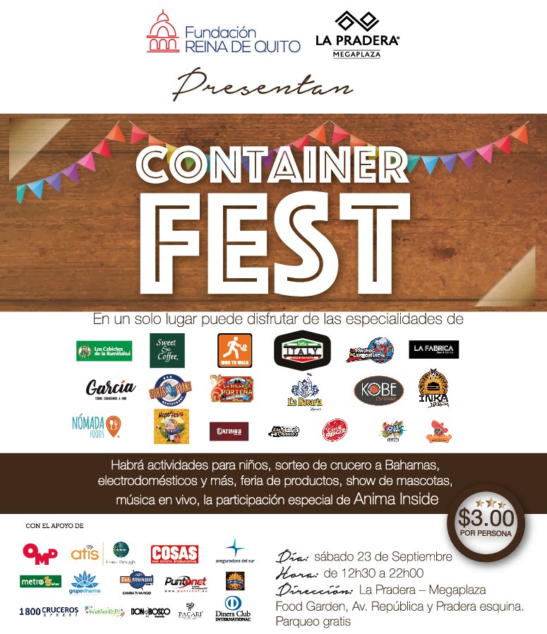 fmmundo's tweet photo. La @FReinadeQuito y La Pradera
Presentan: #ContainerFest
Una iniciativa a favor del Centro Terapéutico Aprendiendo a Vivir https://t.co/lEPmol0NNs