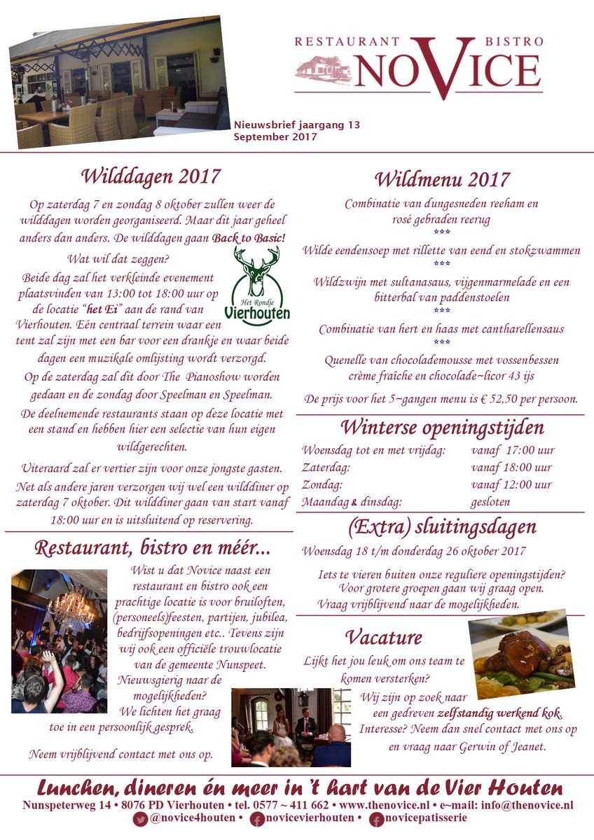 novice4houten's tweet photo. Onze nieuwe nieuwsbrief met aandacht voor de #wilddagen 2017 en ons #wildmenu. https://t.co/ACmYdoHZd5