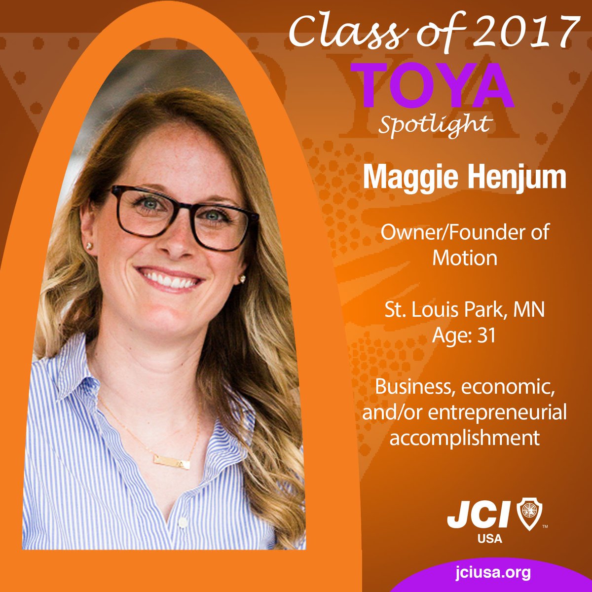 JCIUSA's tweet photo. Meet #TOYA2017 Honoree, Maggie Henjum for today's #TOYAspotlight. Meet Maggie, tomorrow at the #2017STL AM. https://t.co/QaFlJa1Gen https://t.co/nbhJxXYjf5