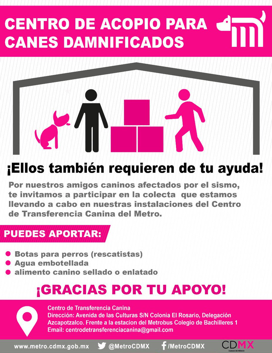 MetroCDMX's tweet image. Acude al Centro de Acopio para canes, ubicado en el #CTC de 9:00 a 18:30 horas, los peludos también te necesitan. 🐶 #aquiNecesitamos