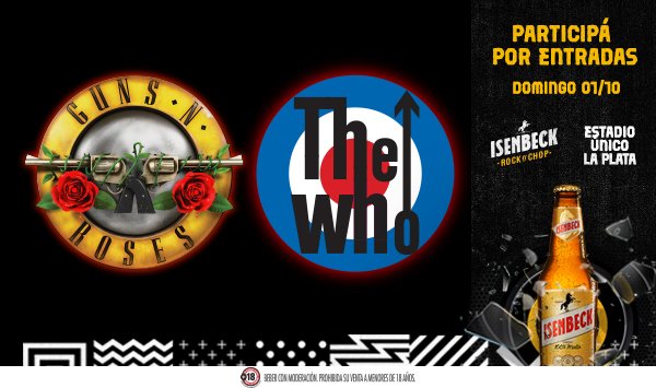 CervezaIsenbeck's tweet photo. 1/10 @gunsnroses y @TheWho en #IsenbeckRockNChop
¡Dale Like y RT y participá por un par de #EntradasPosta! 
B&amp;C: https://t.co/tVk87QY9pp https://t.co/6pIwf1mTEs