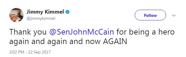 NBCNews's tweet photo. JUST IN: Jimmy Kimmel thanks Sen. John McCain "for being a hero" after McCain announces he will vote against Republican health care bill https://t.co/7UszBbvS9h
