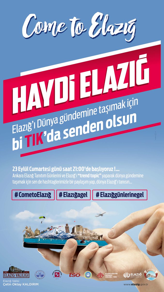 Elazığ'ı bu ay da dünya gündemine taşımaya var mısın?
#Elazığgünlerinegel #CometoElazığ #Elazığagel
Hadi, bi tık da senden! <a href="/valicetinoktay/">Çetin Oktay Kaldırım</a>
