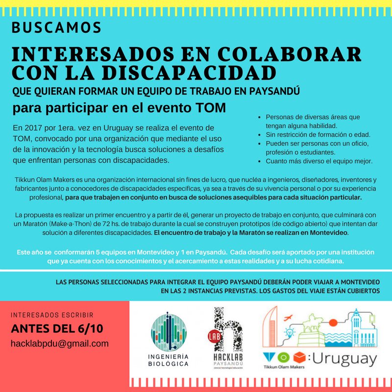 juan_cardelino's tweet photo. Buscamos armar un grupo de trabajo sobre discapacidad en #paysandu #tomglobal #makeathon
cc: @ing_biologica https://t.co/KlVDPytmyf