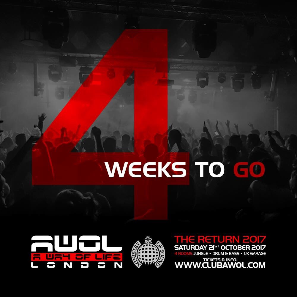 We are super excited!
Only 4 weeks to go
AWOL Sat 21st Oct - Ministry
Last of the 2nd release £15 tickets on sale at clubawol.com/tickets/