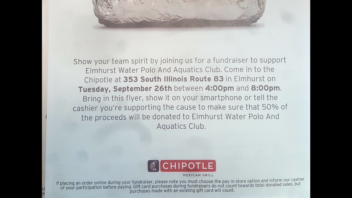 Dinner Tues night? Stop by Chipotle on Rt 83 and St. Charles from 4-8pm. Tell 'em we sent you and we get 50% of profit!
