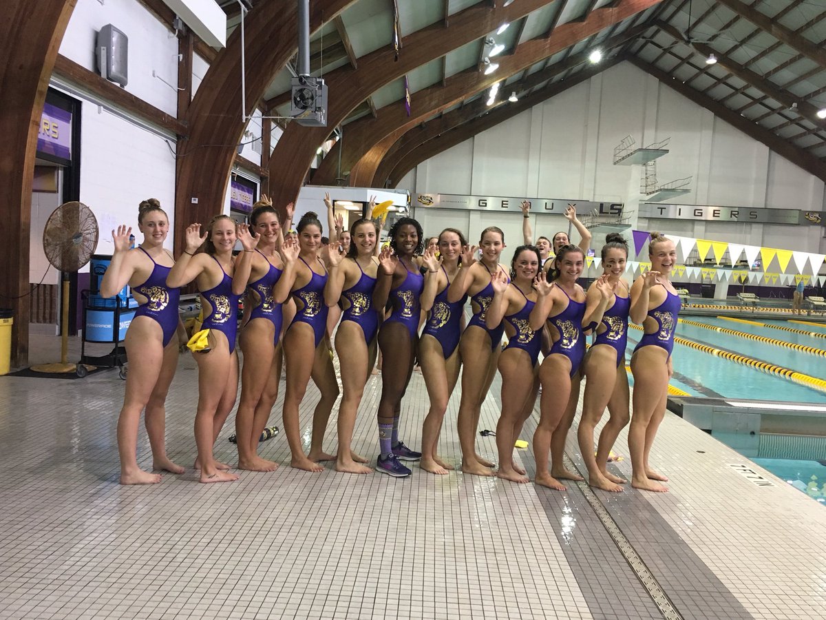 LSUSwimDive's tweet photo. The purple team may have won, but the gold team got to wear the brand new swimsuits! #intrasquadmeet https://t.co/nNyhkr4NZp