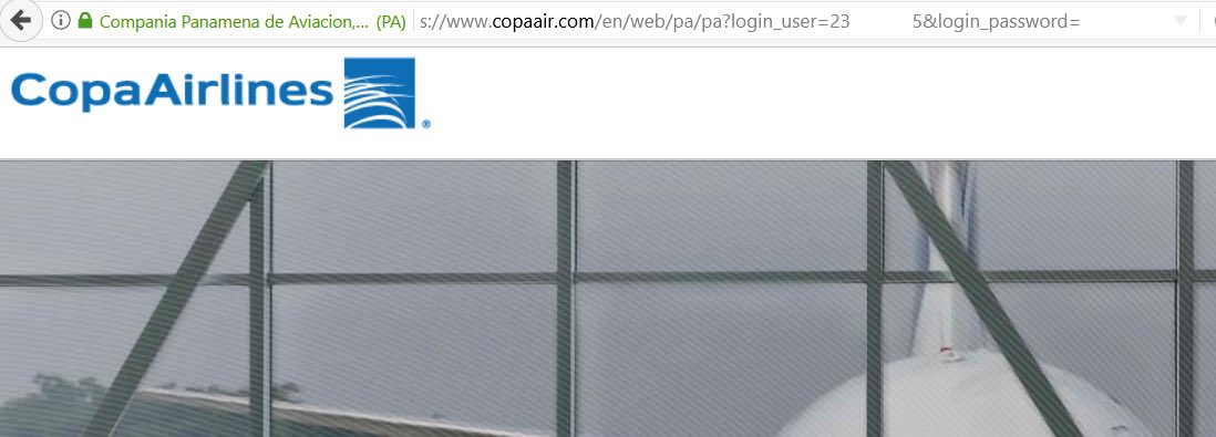Are you kidding me <a href="/CopaAirlines/">Copa Airlines</a> you are displaying passwords in plain text in URL. I have emailed you also. Needs to be fixed