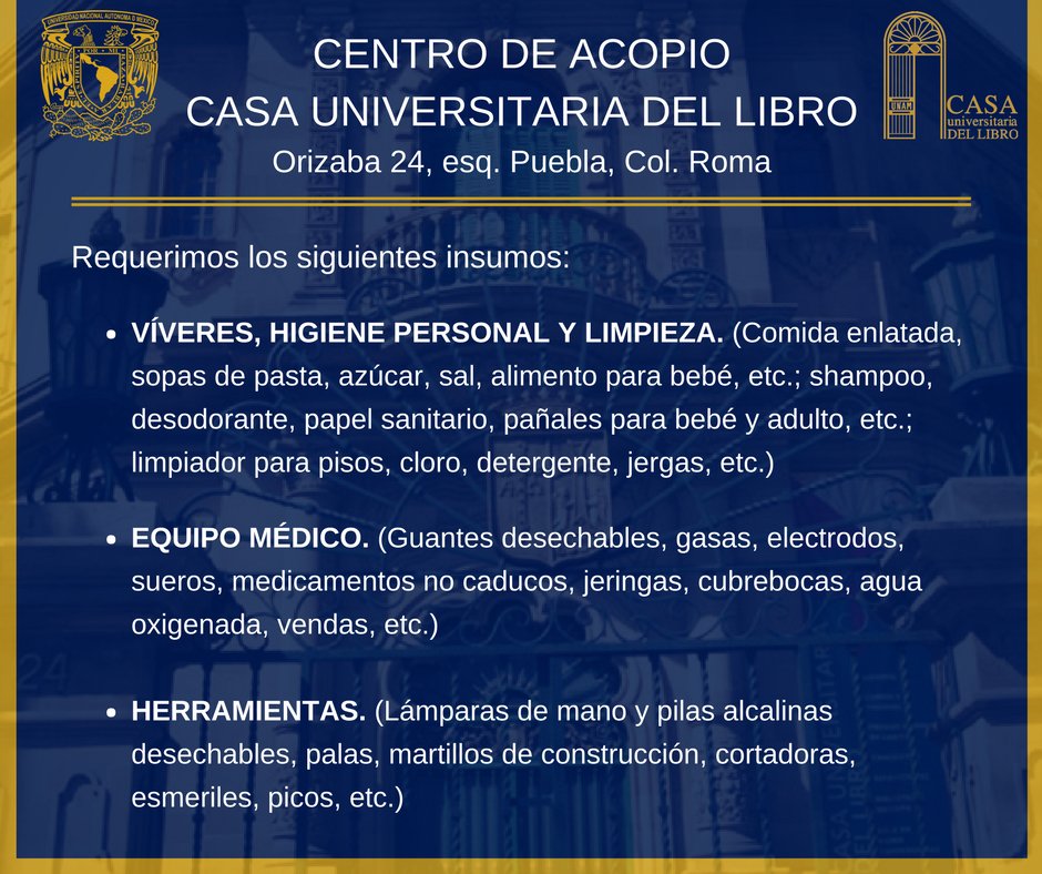 casulunam's tweet photo. #Aviso
Casul abrirá mañana sábado 23 de septiembre como #CentroDeAcopio de 10:30 a 18:00 h. Lista de insumos en: https://t.co/b7VZxIg01F https://t.co/8jSZcy7sh3