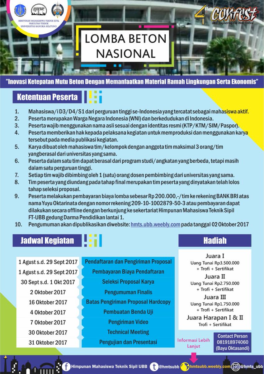 Hay hay generasi emas, Himpunan Mahasiswa Teknik Sipil UBB lagi ngadain lomba yang kece banget dan pertama di UBB, yuk daftar !!!