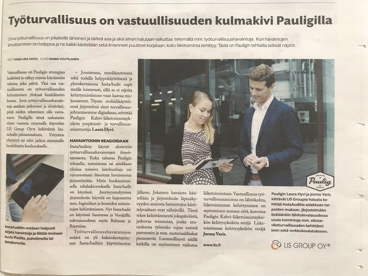 lisgroup's tweet photo. Paulig Helsingin Sanomissa. Mahtavaa työtä... hienoja tuloksia! #turvallisuus #työturvallisuus #lisgroup #safetyup #safety #SafetyManagement https://t.co/ATUMmf96Fu