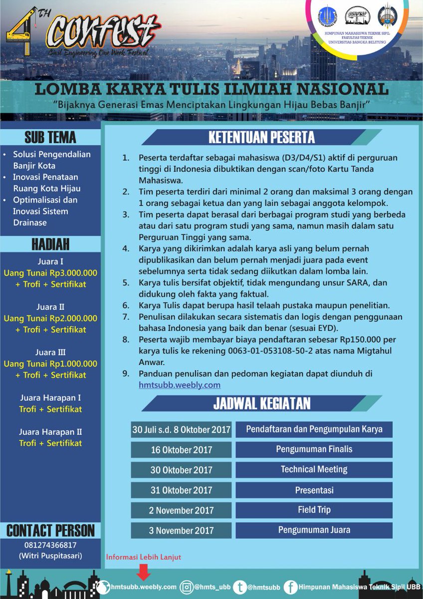 Kalo ini, lomba buat kamu yg punya pemikiran kritis dan suka nulis. So, what r u waiting for ? Ikut dan daftarkan dirimu ! #4thCONFEST