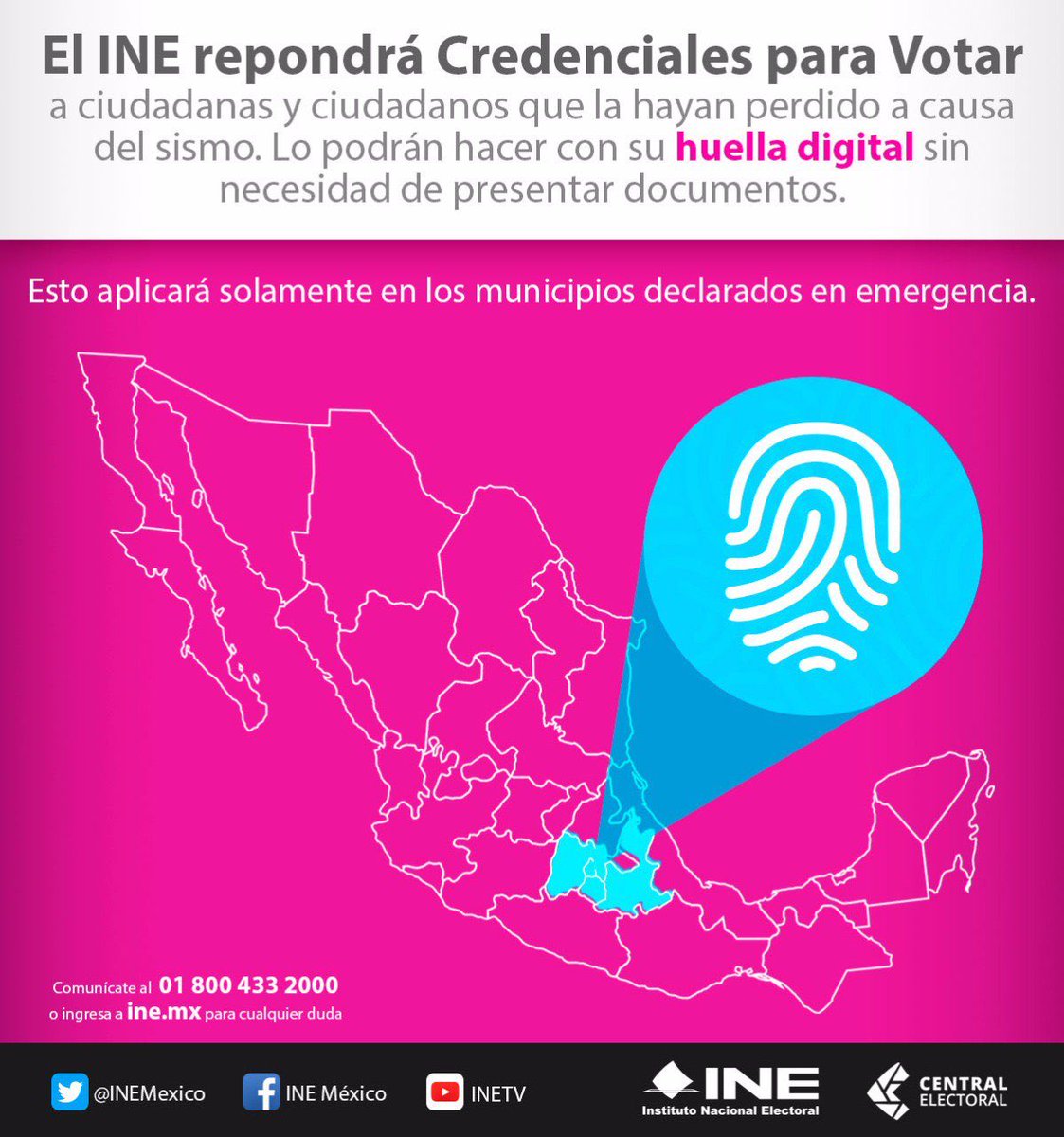 lorenzocordovav's tweet photo. Si perdiste tu #CredencialParaVotar en las zonas de desastre, con sólo tu huella puedes solicitar tu reposición en @INEMexico https://t.co/uMymBo9CmV