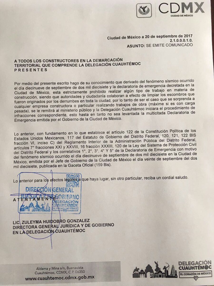 RedGpeTepeyac's tweet photo. @DelegacionBJ  y @DelCuauhtemoc EMITEN PROHIBICION PARA REALIZAR OBRAS. FALTA @gamadero @vhlobo  #Sismomexico2017  #SismoCDMX #FuerzaMexico https://t.co/0u4zWYvNlj
