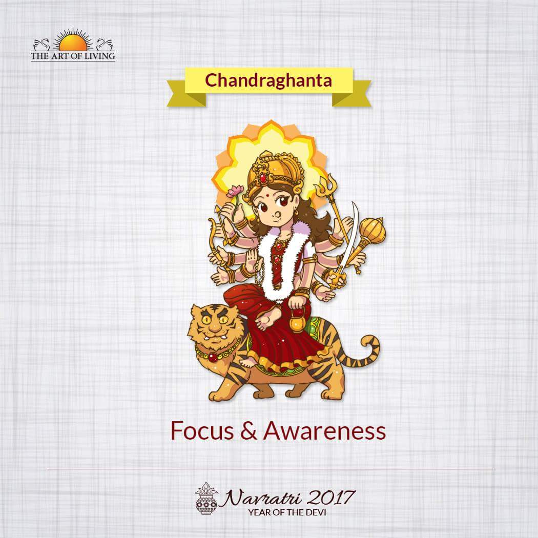 ArtofLiving's tweet photo. On Day-3 of #Navratri2017, Goddess Durga is Chandraghanta  whose gives focus &amp; awareness. Worshipping her allows mind to be in our control https://t.co/jJSLfvz1BN