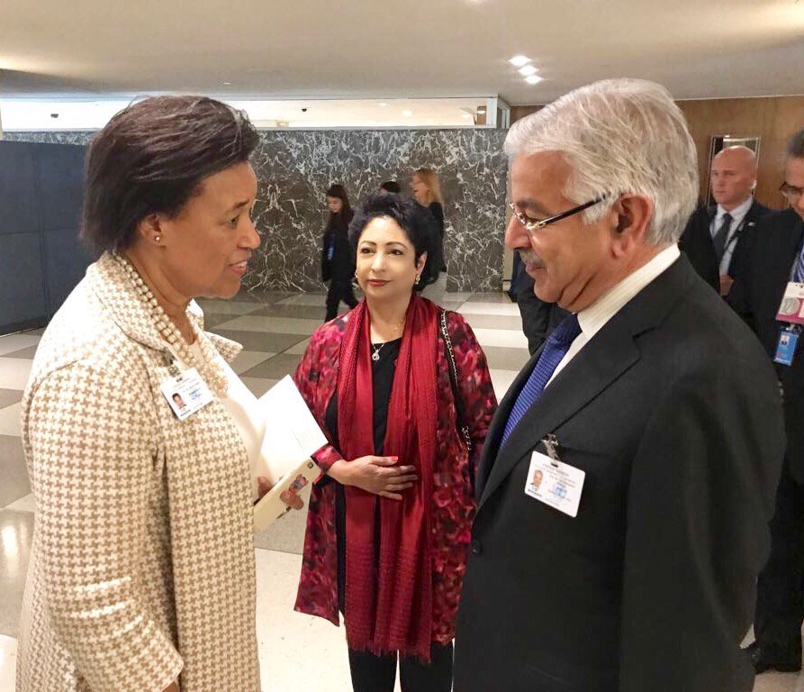 With Foreign Minister Khawaja Asif when he met Commonwealth Secretary General Patricia Scotland at the UN Friday