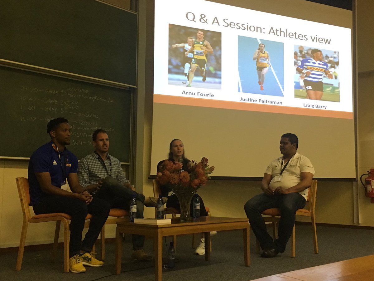 <a href="/arnufourie/">Arnu Fourie</a> <a href="/Justine_P_/">Justine Palframan-Donkin OLY</a> and Craig Barry sharing their athlete experiences with the coaches. @scsummit2017 @MatiesSpSci