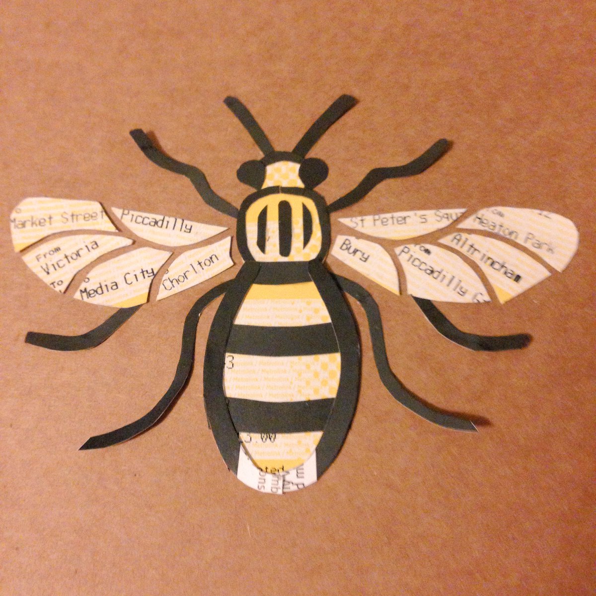 Long time no tweet! Here's my latest make - Manchester worker bee made of <a href="/MCRMetrolink/">Manchester Metrolink 🚊</a> tickets #ilovemcr #mcrbee