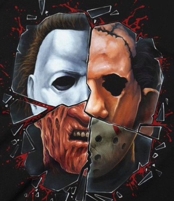 thehorrorland's tweet photo. Jason, Freddy, Michael and Leather face. cool art. #horrorart #mixemup https://t.co/TJ6QRDeuDC