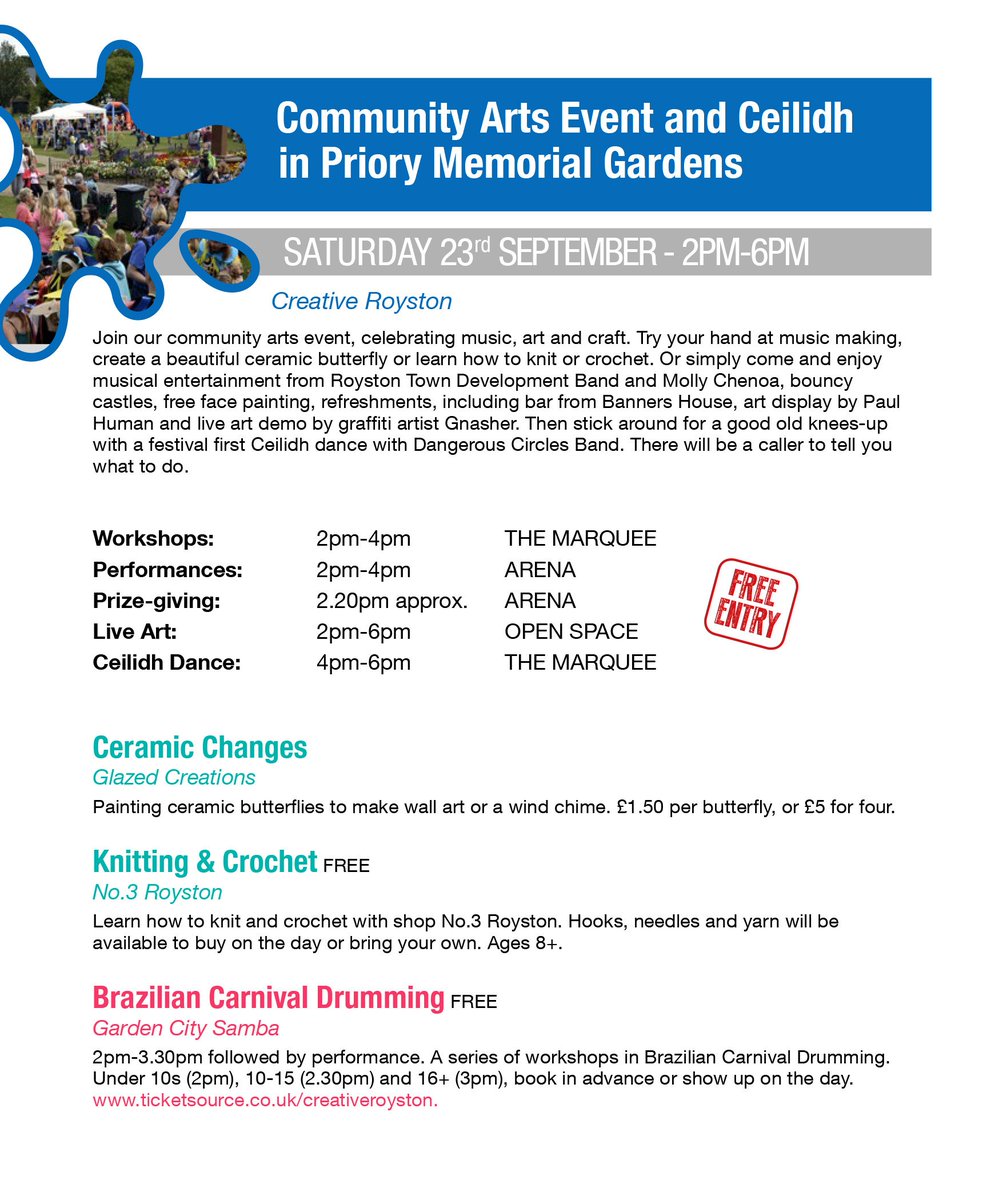 It's all going on in Priory Gardens today. <a href="/RoystonTownBand/">Royston Town Band</a> Dev Band 2pm, <a href="/mollychenoa/">Molly Chenoa</a> #MusicInANutshell 2.40pm, <a href="/GardenCitySamba/">Garden City Samba</a> at 3.30pm