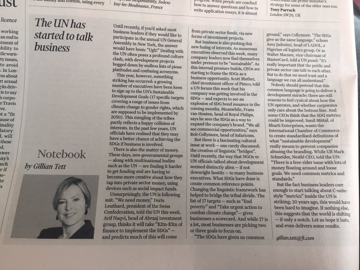 Good article <a href="/gilliantett/">Gillian Tett</a> in <a href="/FinancialTimes/">Financial Times</a> on ⬆️links between #SDGs &amp; #business w/ mentioning of <a href="/Philips/">Philips</a> CEO #FransvanHouten