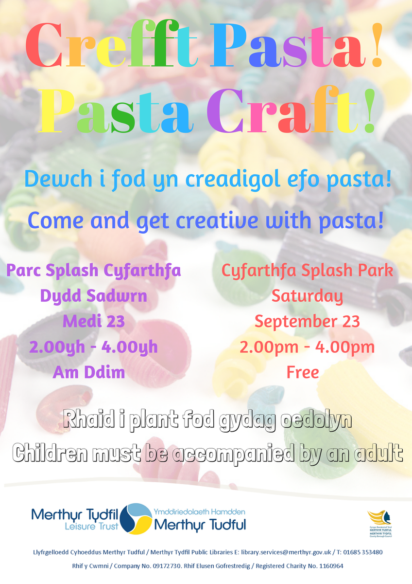 merthyrlibrary's tweet photo. Join us at 2pm for Pasta Craft, Cyfarthfa Splash Park! #mtl #PastaCraft https://t.co/8QNwCSpuZk
