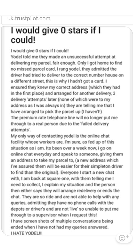 lesterlassie's tweet photo. @yodelonline #yodel #yodelhell
My daughter has asked me to share her honest review of yodel-she still has had NO PARCEL delivered to her https://t.co/qmSK49dB4Q