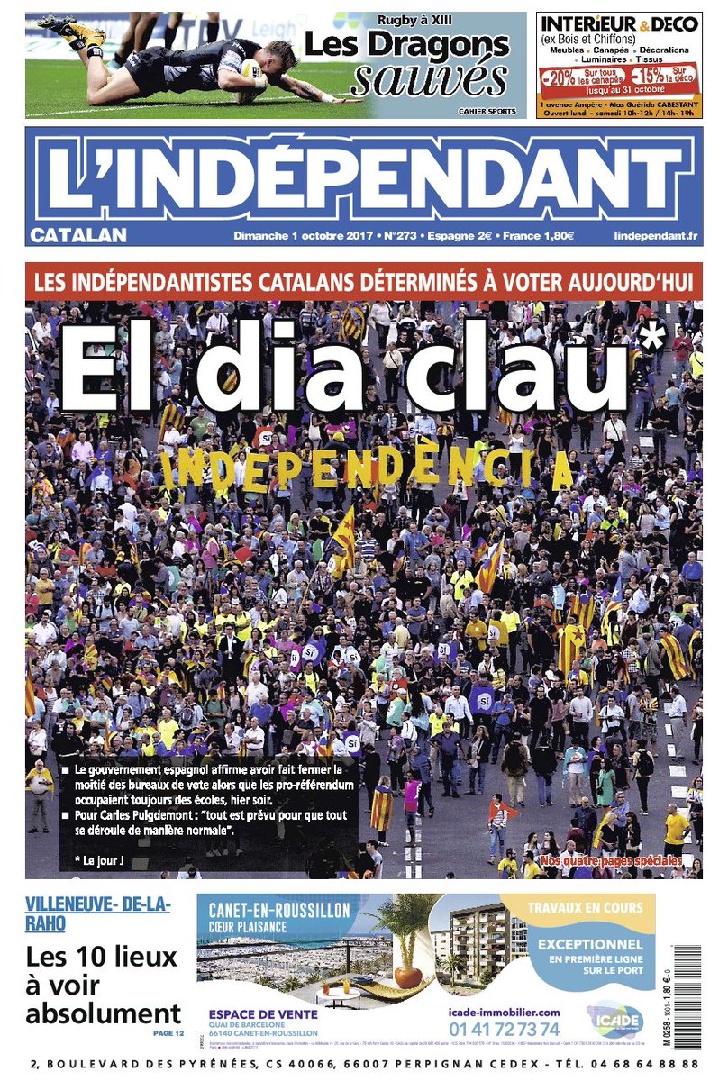 Le référendum en #Catalogne à la #une de <a href="/lindependant/">L'Indépendant</a> 
Forcément.