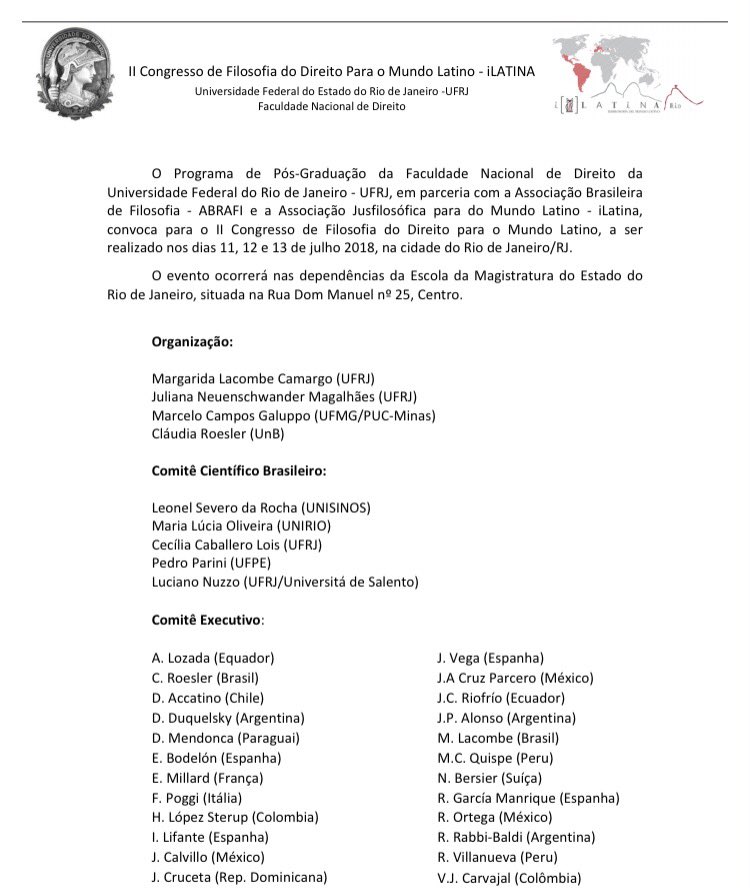 iuslatina's tweet image. Próxima convocatoria del II Congreso de Filosofía del Derecho para el Mundo Latino, Río de Janeiro, Brasil,  11 a 13 de julio de 2018.