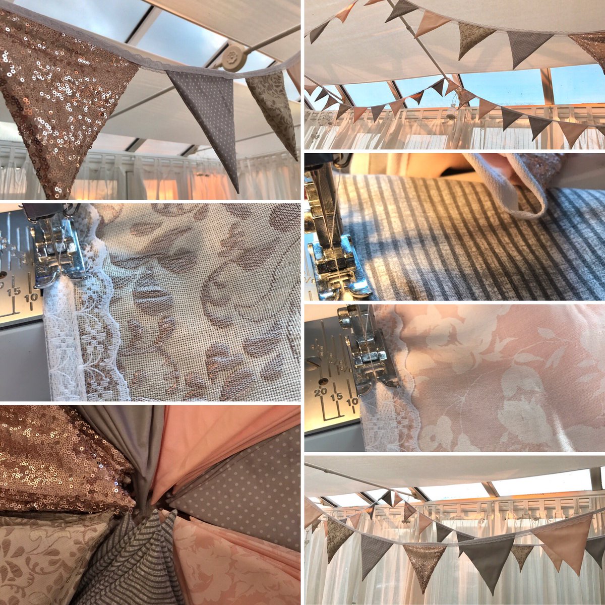 Rose gold,  blush and grey handmade bunting to hire with #Lace header. #weddingdecor #Eventplanner #stylist #grey #rosegold #Blush  #peach