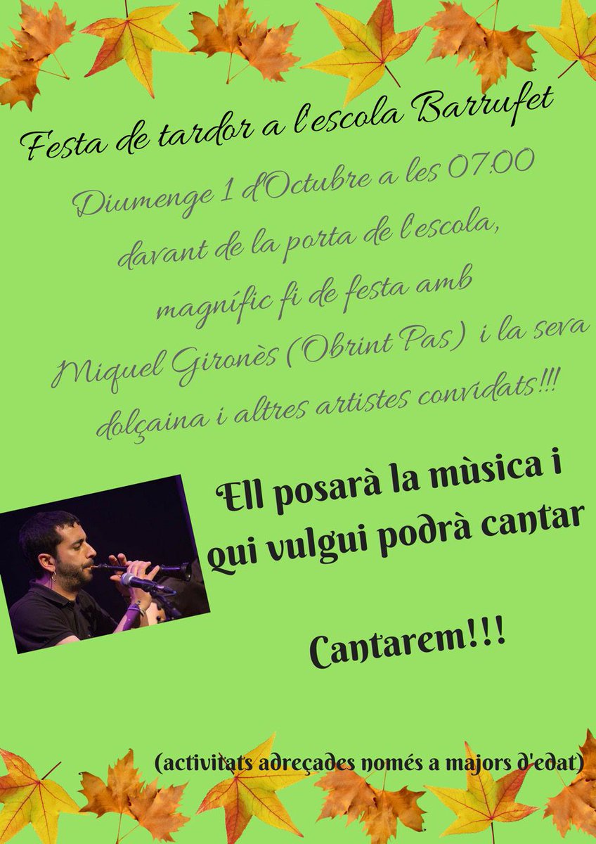 Demà 1-O a 7h a escola Barrufet de #Sants, en <a href="/miquelgirones/">Miquel Girones</a> d'Obrint Pas tocarà la seva dolçaina com a final de festa de Tardor
Vine!