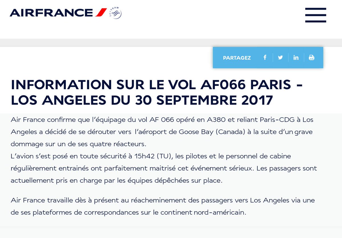 Matymen's tweet image. Incident moteur #AF66 Paris-Los Angeles ✈ Communiqué #AirFrance via @AFnewsroom #avgeek #GooseBay #A380