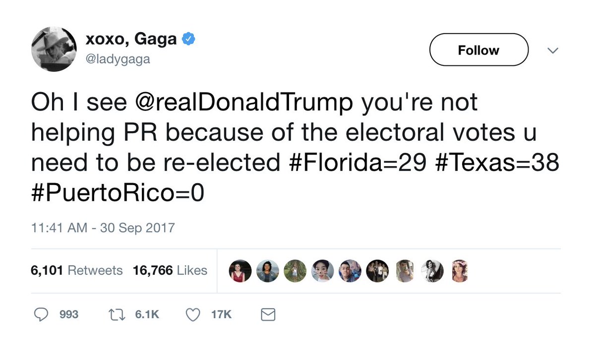 thehill's tweet image. Lady Gaga: Trump isn't helping Puerto Rico because they don't have an Electoral College vote hill.cm/qL9ILQE