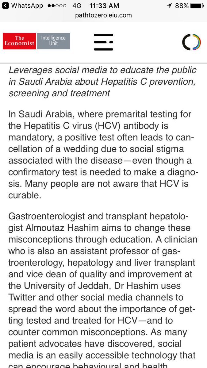 drmoutaz's tweet image. تم إختياري من مجلة الإيكونوميست البريطانية  ضمن ١٨ شخصية  قادرة على التغيير والتوعية بإلتهاب الكبد سي 
 الحمدلله💚
pathtozero.eiu.com/2017-hcv-chang…