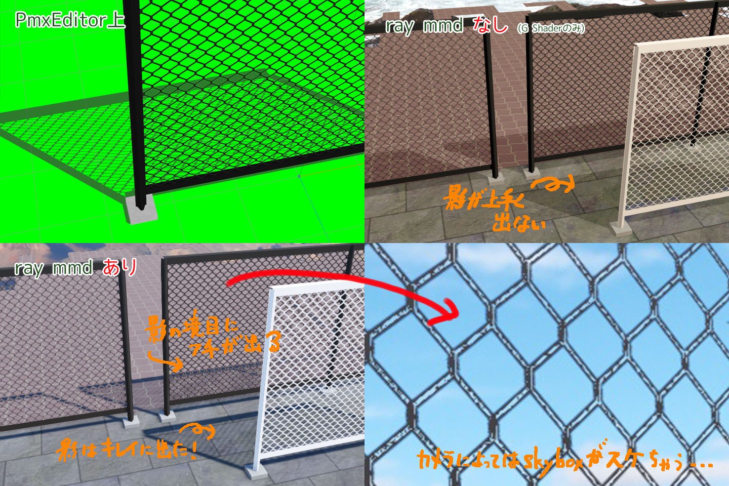 のべ男 みどり のべる フェンスの網部分はさすがに透過テクスチャでつくったのだけれども Mmd上で上手く影が出てくれない Ray Mmd入れたらイイ感じの影になったけど 影との境目に淵が出て黒だと目立つ カメラによってはskyboxが透けちゃう 直せる