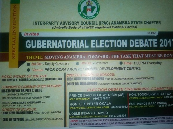 Inter-Party Advisory Council [IPAC] fixed Oct 3, 4 for candidates’ debate in Anambra State gubernatorial election coming up on November 18, 2017.
