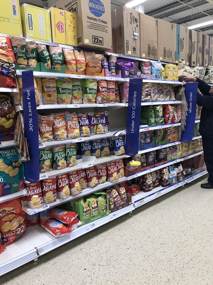 More health focus for Tesco; new division in Crisps based around lower fat, under 100 cal and Whole Grain.