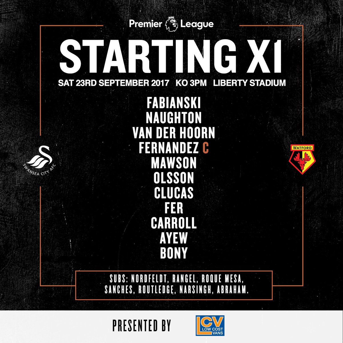 SwansOfficial's tweet photo. Here’s how we will line up against @WatfordFC this afternoon… 

#SWAWAT https://t.co/QUAcWpX6aZ