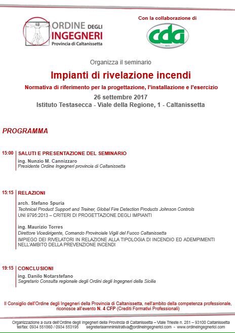 andreapolizzi's tweet photo. #OrdIngCL #formazionecontinua #4CFP Seminario "Impianti di rivelazione incendi". Caltanissetta, Istituto Testasecca, mar 26.09 ore 15:00. https://t.co/YIOSRQPUpQ