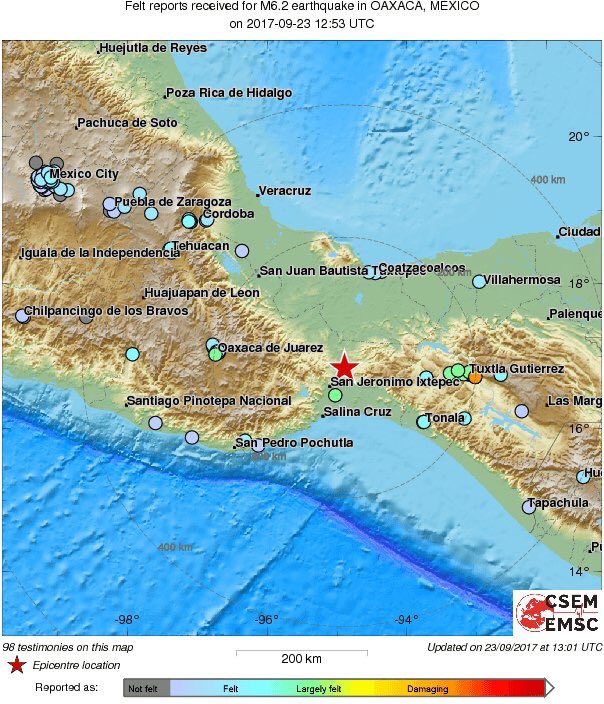PRELIMINAR 6.2 a 6.4 con epicentro dentro del estado de Oaxaca.