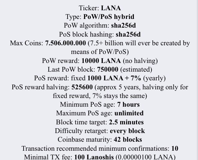 LanaCoin's tweet photo. #Lana #chainparameters #ticket #type #algorithm #pow #pos #blocktime #coinbase #maturity #difficultyretarget #coinspecs #nopremine https://t.co/kQ5AvPAkur