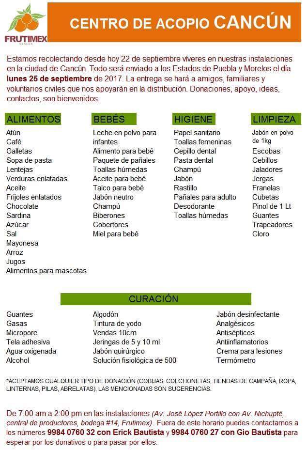 _Marusita's tweet photo. @VivoEnCancun #Sismomexico2017 Centro de acopio CANCUN, camión sale 25 y 29 de sept, donativos en buenas manos! @erickbaau @FrutimexCancun 📣 https://t.co/uSvdfJ9wAH
