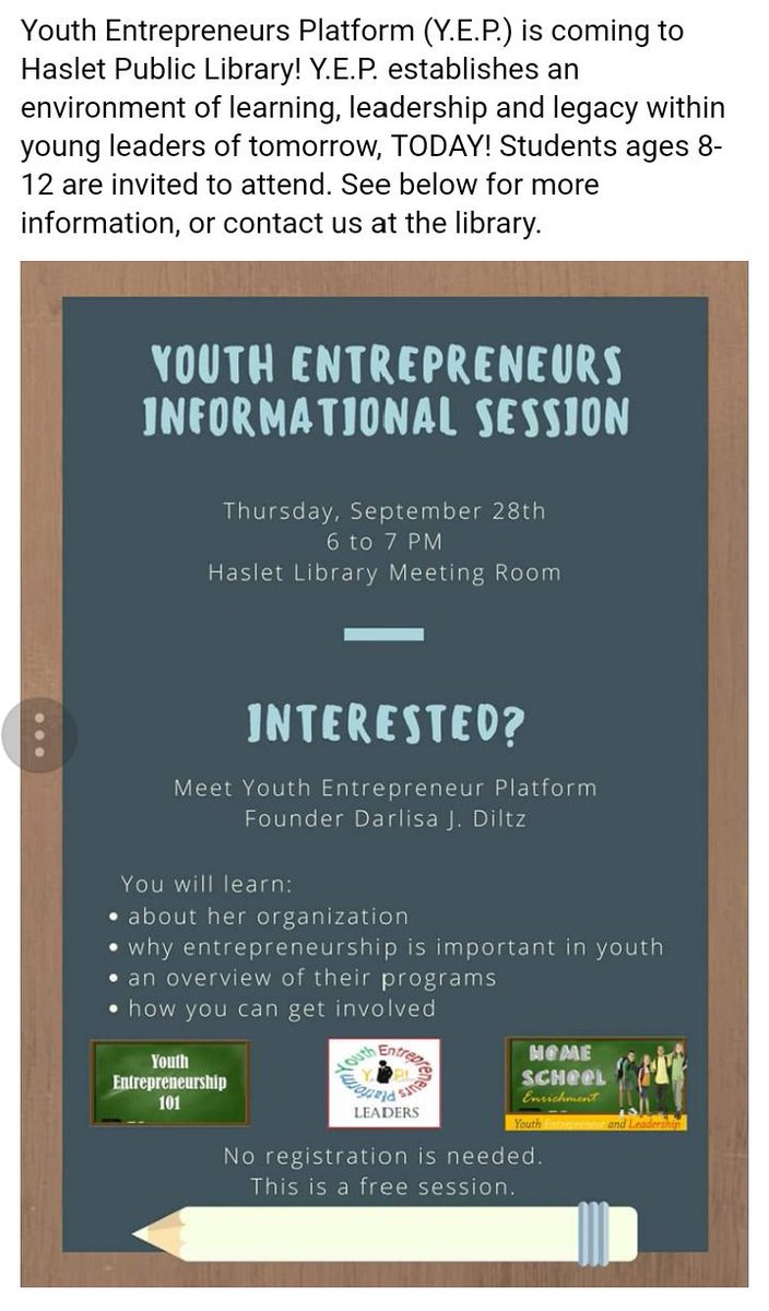 YEPlatform's tweet image. So excited to bring Youth Entrepreneurship to @cityofhaslet and the Haslet Public Library!! Join us for this #Free information session 10/28