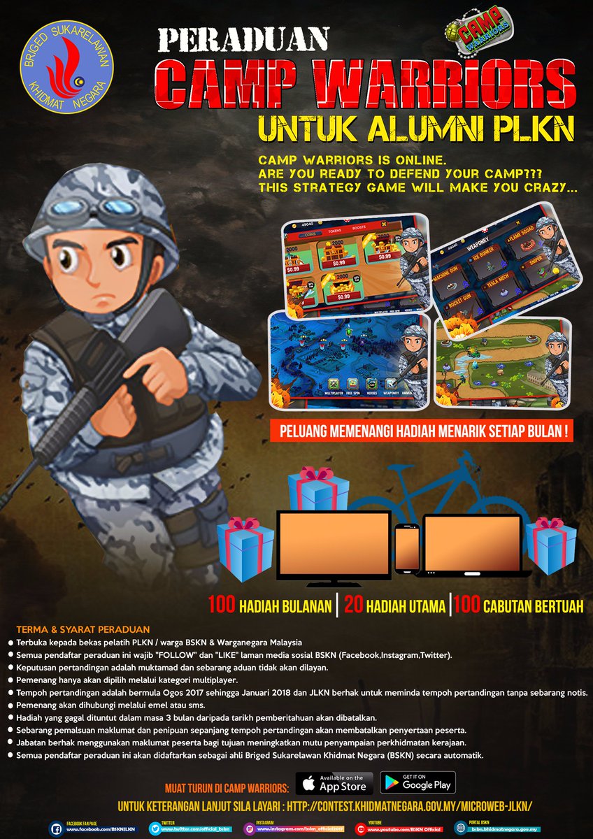 bsknperak's tweet photo. anda alumni BSKN?sukakan cabaran?sertai peraduan camp warriors untuk memenangi pelbagai hadiah yang menarik !
#PLKN2017
#BSKN 
#CampWarriors https://t.co/nSy9n43MVz