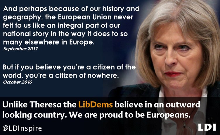 LDInspire's tweet photo. Great leaders can #inspire but Theresa May can only alienate at home and abroad. The @LibDems are PROUD Europeans! https://t.co/bmkTTBGysG