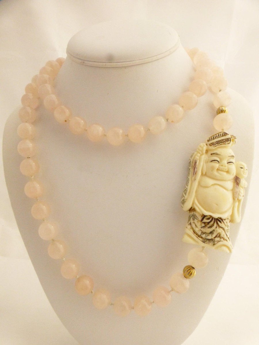 Rose Quartz Hand Knotted Necklace W/Hand Carved Happy Buddha Pe… etsy.me/2s47EjJ #vintagejewelry #CarvedBead