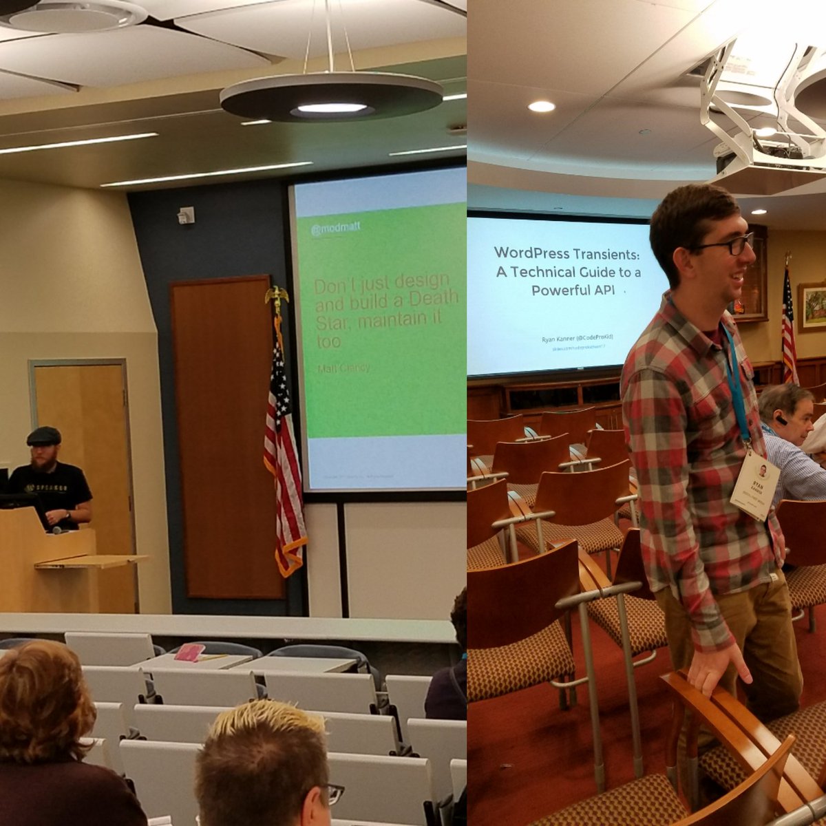 maxinacube's tweet photo. .@modmatt and @CodeProKid kicking off their sessions at @WordCampRI now! #wcri #WordCamp #WordPress #transients #api #maintenance https://t.co/WomS3a6Tq5