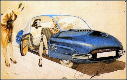 FrenchsForeign's tweet photo. This is the 1947 SAAB 92 concept car sketch by Sixten Sason, the first SAAB designer. https://t.co/PqlwKah7pL